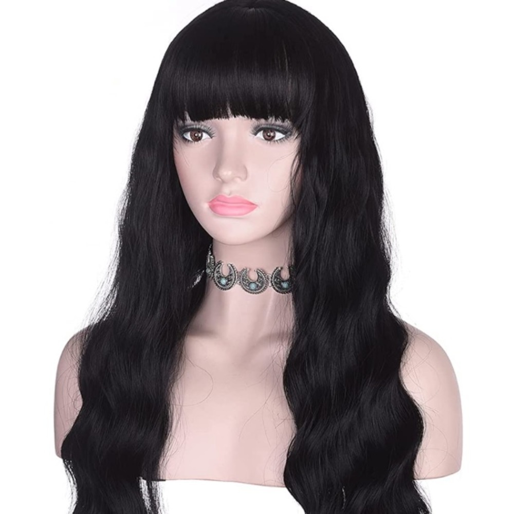 Long Wavy Black Wig with Bangs